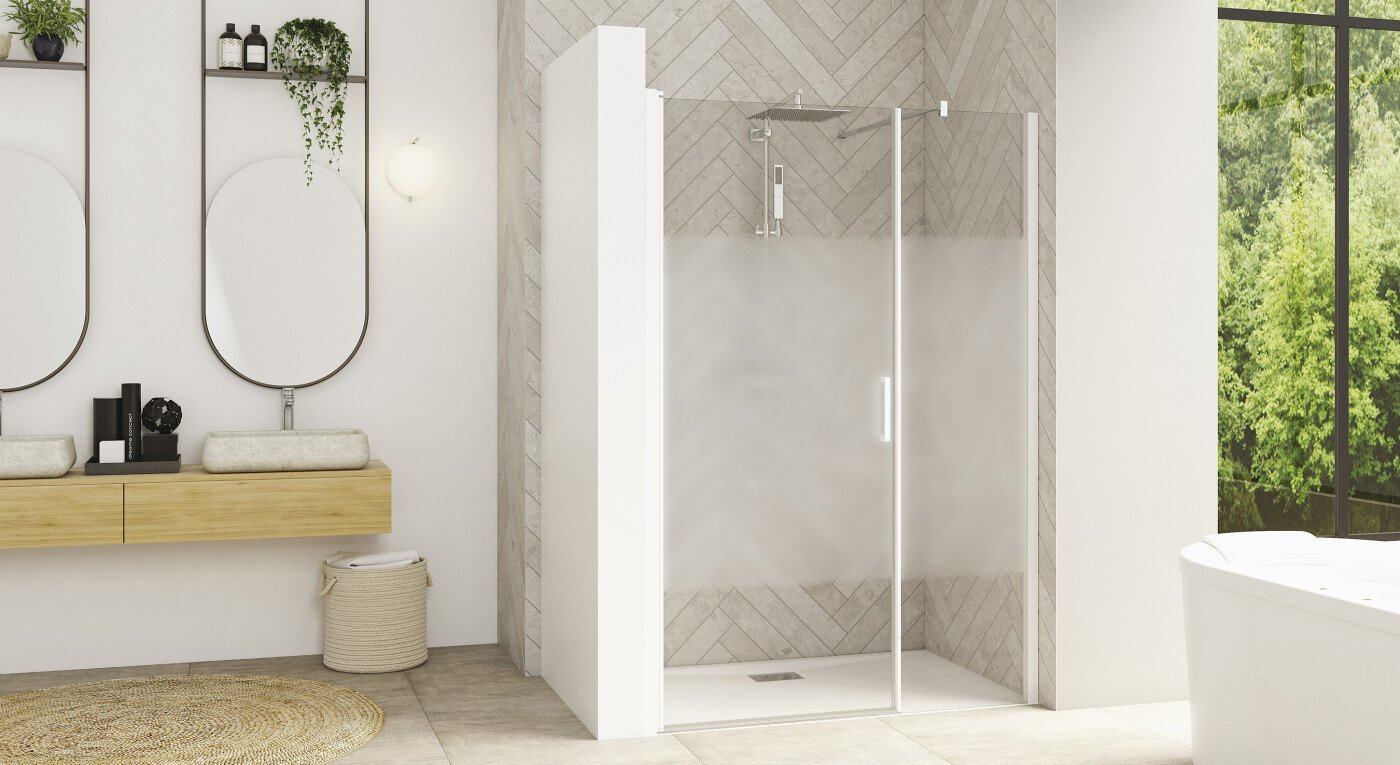 Smart Design Porte centrale sans seuil - profilé blanc - verre sérigraphié - 2900x1585