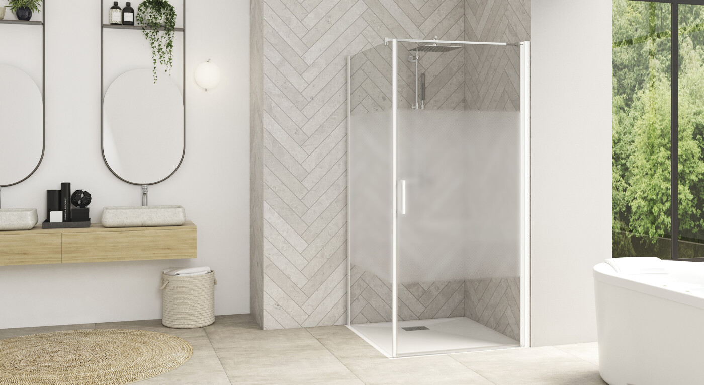 Smart Design P sans seuil +F sans seuil - profilé blanc - verre sérigraphié - 2900x1585