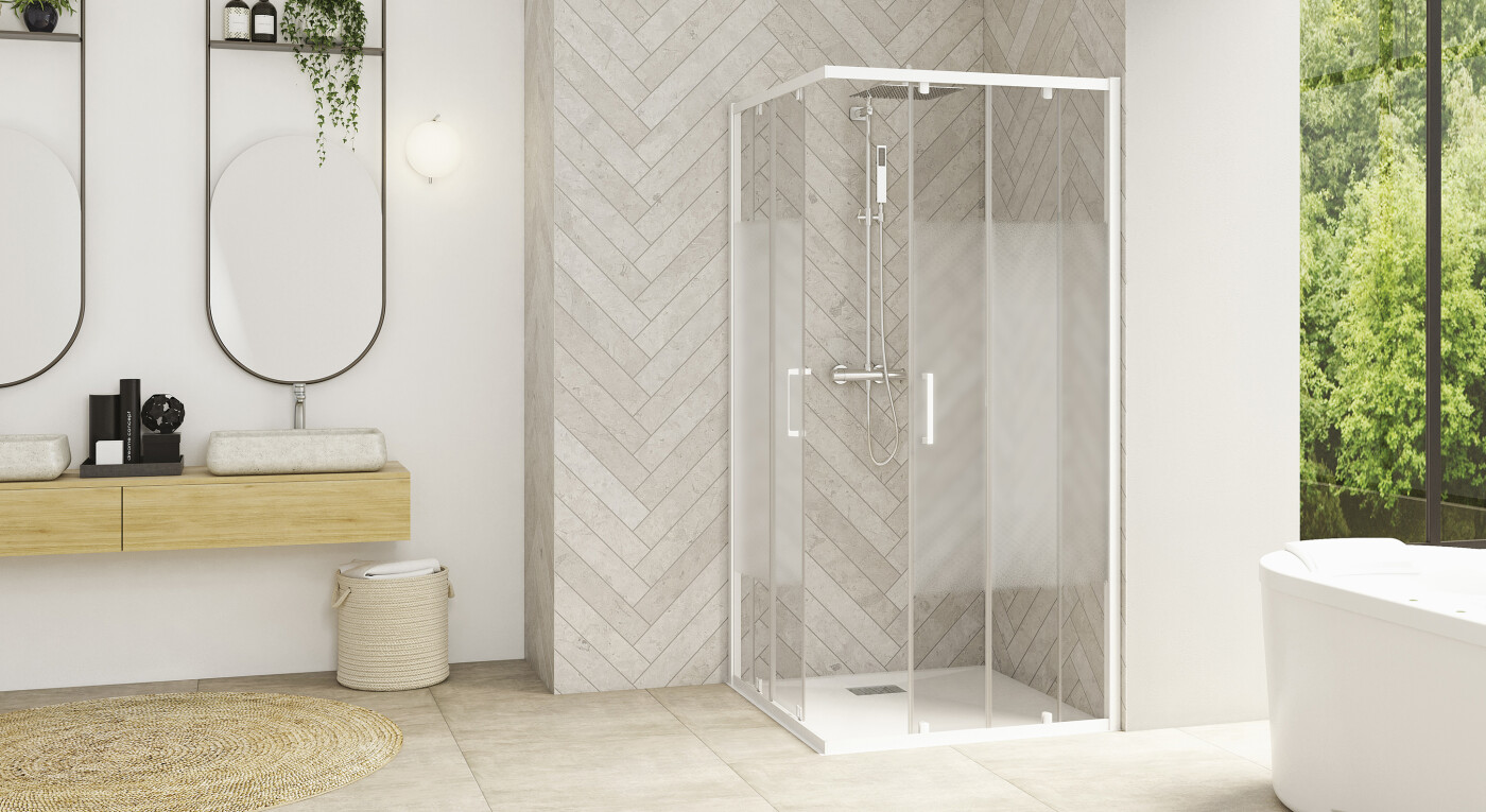 Smart Design A/C avec seuil - profilé blanc - verre sérigraphié - 2900x1585