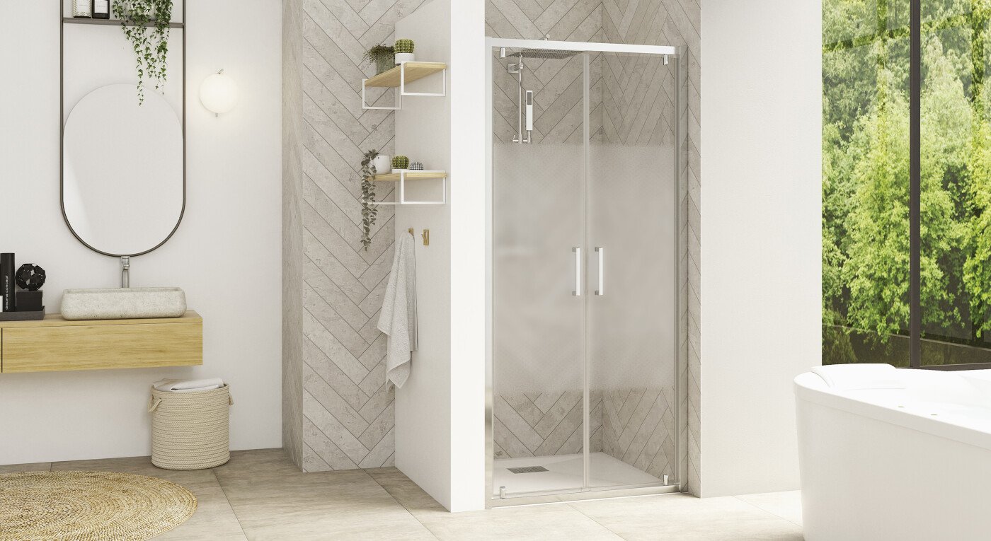 Smart Design 2P avec seuil - profilé chromé - verre cosmos - 2900x1585