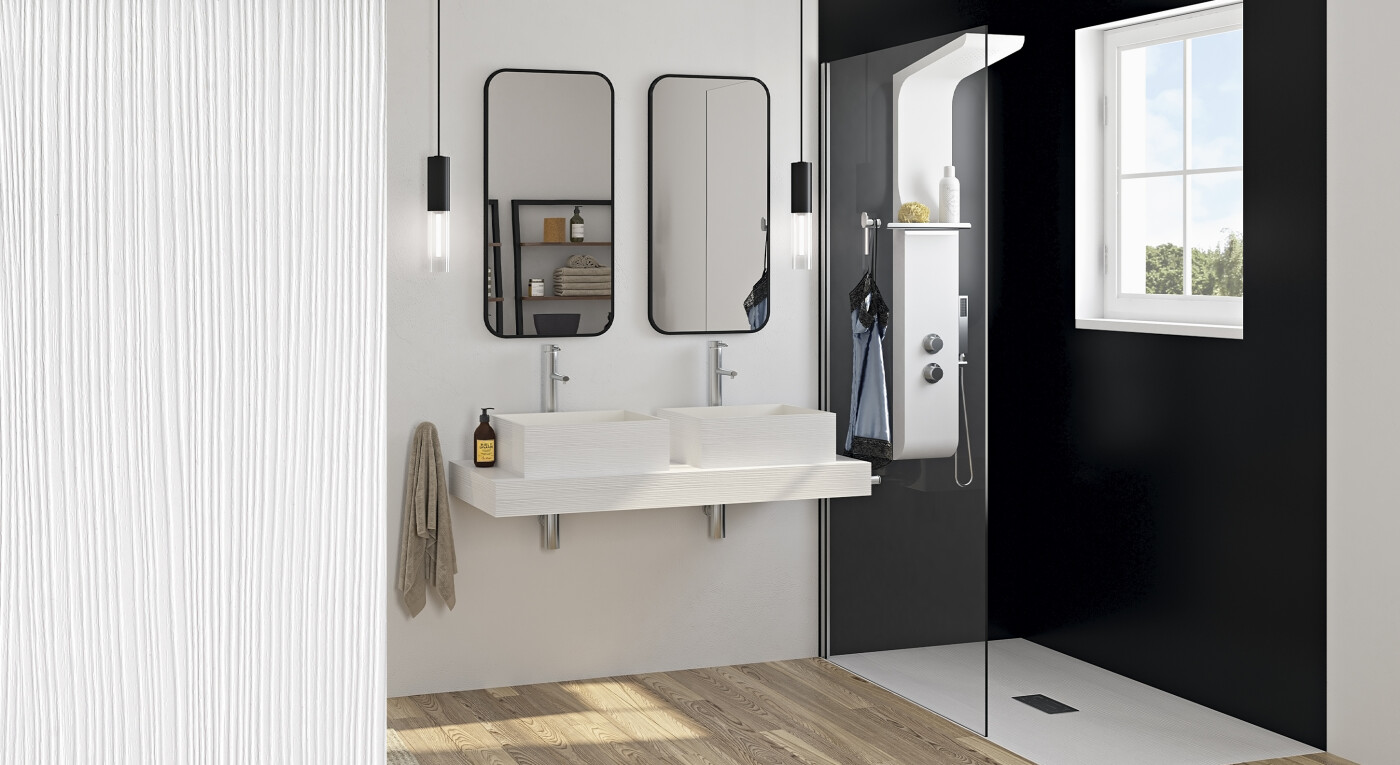 Plan de toilette Wood - blanc - vasques rectangulaires - Kinewood - 2900x1585