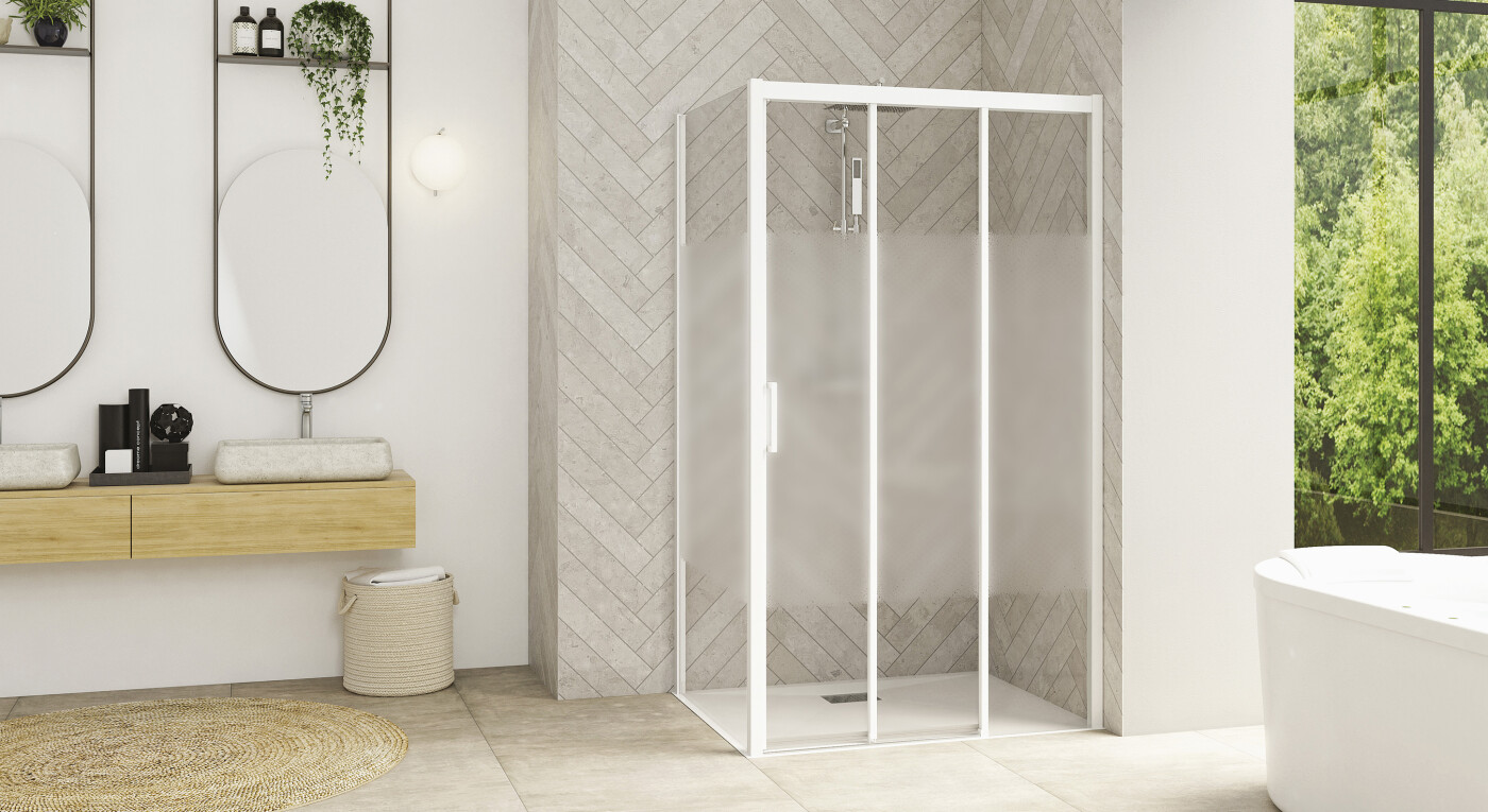 Smart Design 3V sans seuil +F - profilé blanc - verre sérigraphié - 2900x1585