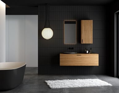 Une salle de bain dans les teintes foncées