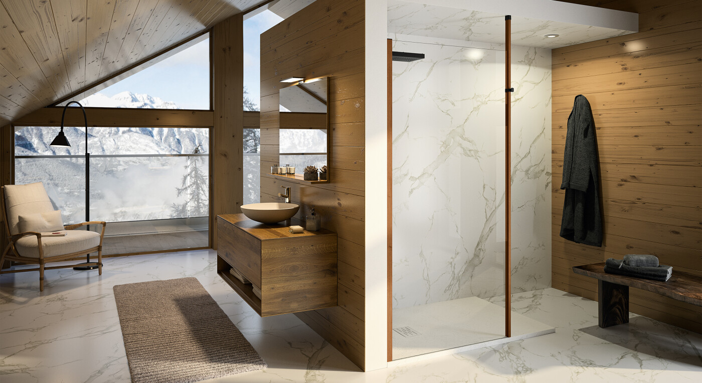 Smart Design Solo Nordic - profilé chêne naturel - verre transparent - mât - montagne - 2900x1585